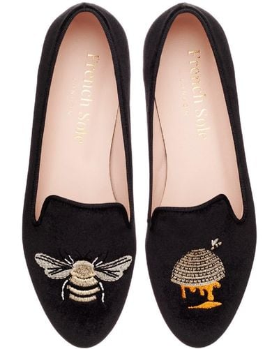 French Sole Hefner Velvet Gold Bee & Hive Embroidery - Black