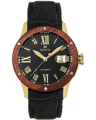 Heritor Everest Wooden-bezel Leather-band Watch With Date - Black