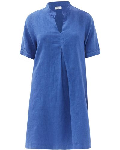 Haris Cotton Mandarin Neck Linen Cami Dress With Flutter Sleeves - Blue