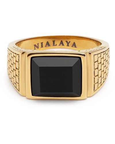 Nialaya Golden Brick Signet Ring With Agate - Metallic