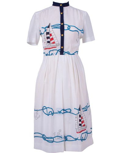 Sugar Cream Vintage Nautical Vintage Dress With Sailboat Print - White