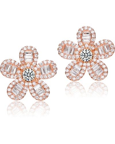 Genevive Jewelry Sterling Silver Rose Plated Clear Cubic Zirconia Flower Stud Earrings - Pink