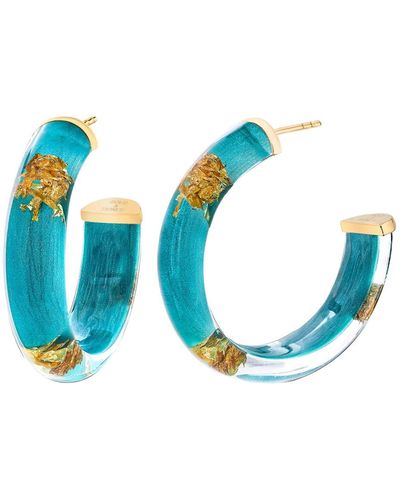 Gold & Honey Gold Leaf Hoop Earrings In Teal - Blue