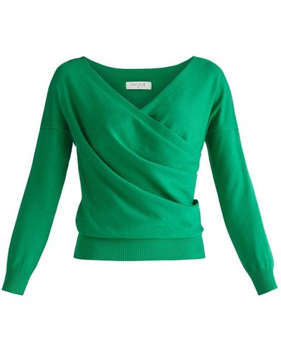 Paisie Knitted Wrap Top With Long Sleeves In Emerald - Green