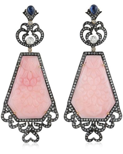 Artisan 18k Gold & Silver In Rhombus Carved Pink Opal With Blue Sapphire And Pave Diamond Dangle Earrings