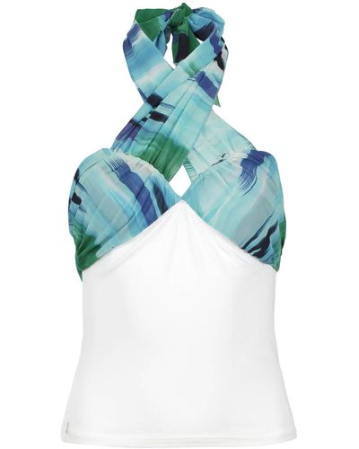 Conquista Printed Voile Cross-strap Viscose Fitted Top - Blue