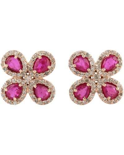 Artisan Natural Ruby Stud Earrings 14k Solid Rose Gold Diamond - Pink
