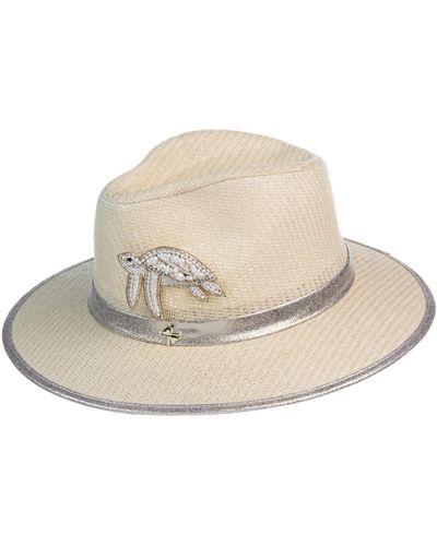 Laines London Straw Woven Hat With Pearl Beaded Turtle - Natural