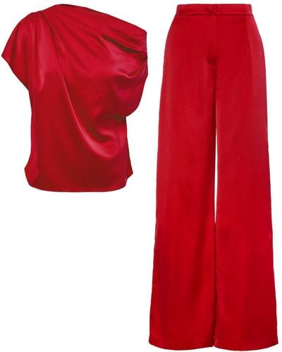 BLUZAT Set With Asymmetrical Draped Top And Wide Leg Pants - Red