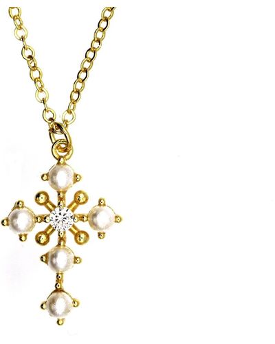 VicStoneNYC Fine Jewelry Yellow Solid Natural Diamond And Pearl Cross Necklace - Metallic