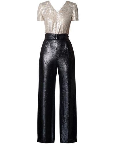 Rumour London Naomi Black & Gold Sequined Jumpsuit With V-shaped Back And Belt - Blue