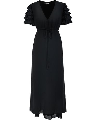 Smart and Joy Tiered Frills Shoulder Long Dress - Black
