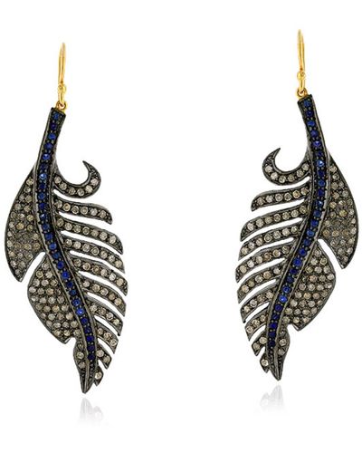 Artisan Carved Feather Pave Diamond & Blue Sapphire In 18k Gold With Silver Dangle Earrings - Black