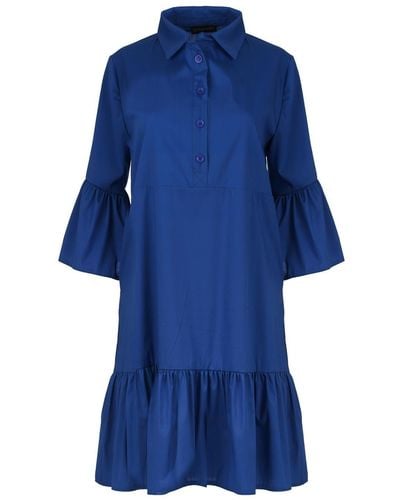 Conquista Royal Bell Sleeve Dress With Ruffle Hem - Blue