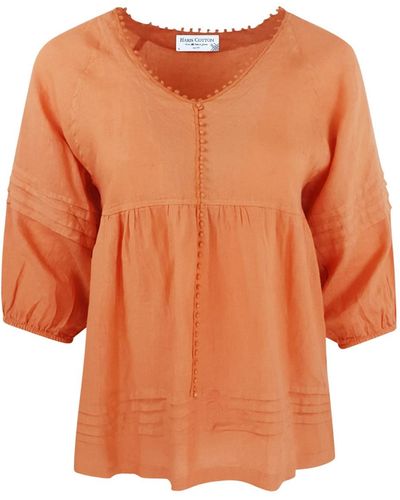 Haris Cotton "v" Neck Linen Long Sleeved Blouse - Orange
