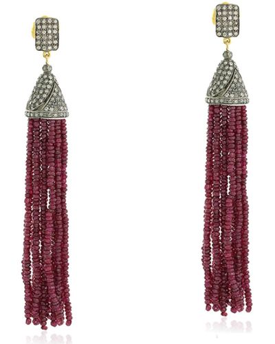 Artisan Pave Diamond Gold Ruby Tassel Earrings 925 Sterling Silver Handmade Jewellery - Red