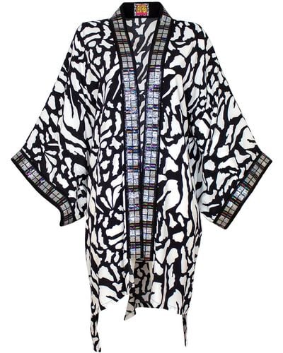 Lalipop Design Black & White Print Midi Kimono With Embroidery Borders