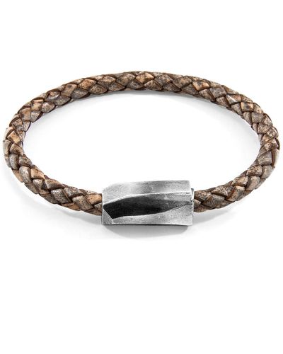 Anchor and Crew Taupe Hayling Silver & Braided Leather Bracelet - Gray