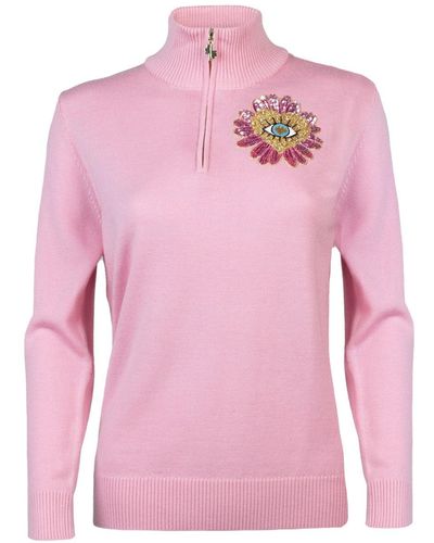 Laines London Laines Couture Quarter Zip Jumper With Embellished Pink Flower Heart Eye