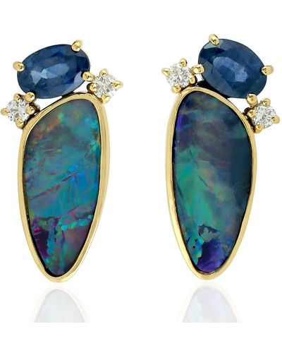 Artisan 18k Yellow Gold Natural Opal Doublet Stud Earrings Handmade Jewelry - Blue
