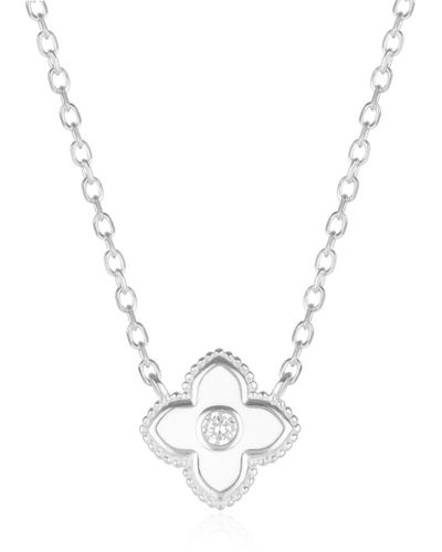 Spero London White Enamel Four Leaf Clover Necklace With Gemstone In Sterling Silver - Metallic