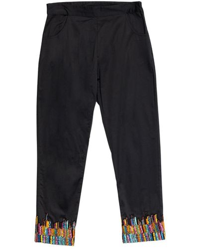 Niza Straight Pants With Embroidery On Bottom Hem - Black