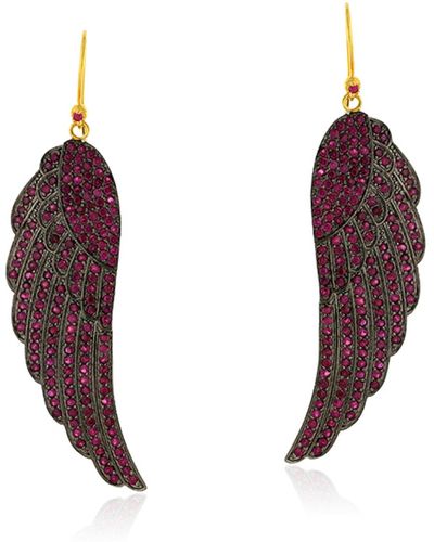 Artisan 14k Gold & 925 Sterling Silver In Pave Ruby Gemstone Angel Wing Shape Dangle Earrings - Red