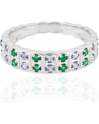 Artisan Solid 18k White Gold In Prong Emerald & Tanzanite Gemstone Beautiful Band Ring - Green