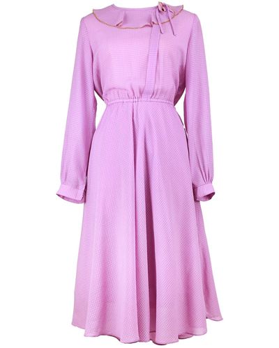 Sugar Cream Vintage Purple Check Print Vintage Dress With Full Sleeves