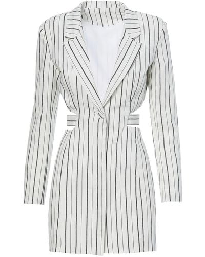 BLUZAT Deconstructed Mini Blazer Dress Made In Linen With Stripes - White
