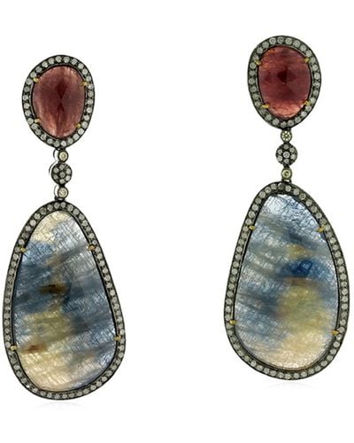 Artisan 18k Solid 925 Silver With Colored Sapphire & Diamond Latest Dangle Earrings - Blue