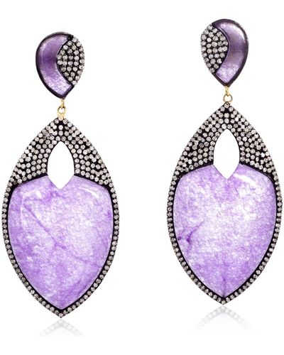 Artisan 14k Gold 925 Sterling Silver Natural Diamond Jade Dangle Earrings - Purple