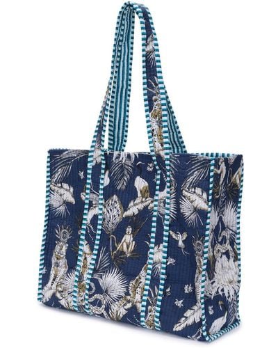 At Last Cotton Tote Bag In Navy Tropical - Blue