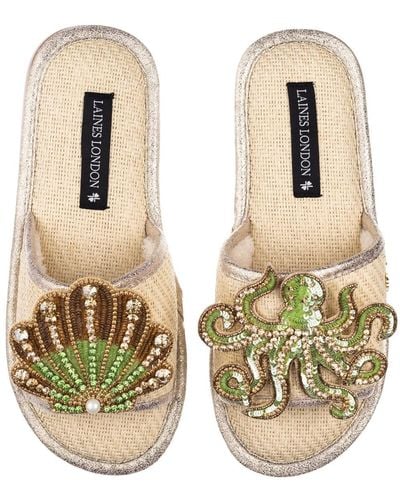 Laines London Straw Braided Sandals With Handmade Green & Gold Octopus & Shell Brooches - Metallic