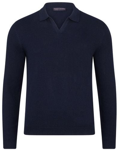 Paul James Knitwear S Cotton Lightweight Lyndon Buttonless Polo Shirt - Blue