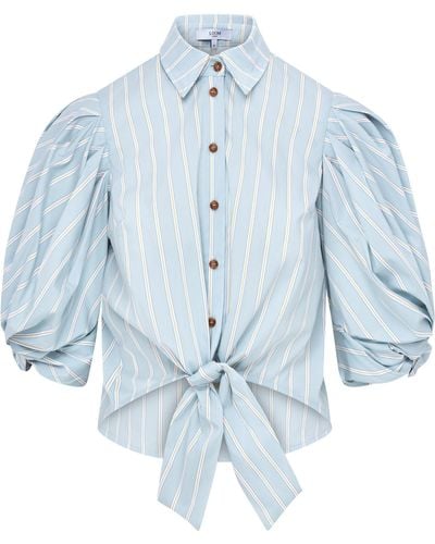 Loom London Ellery Knot Sleeve Tie Front Shirt Green & White Stripe - Blue
