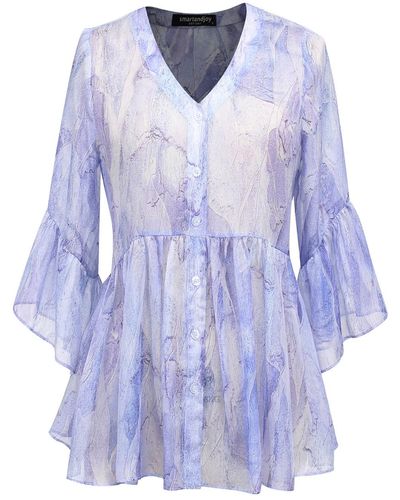 Smart and Joy Chiffon Shirt With Tulip Sleeves And Abstract Print - Blue