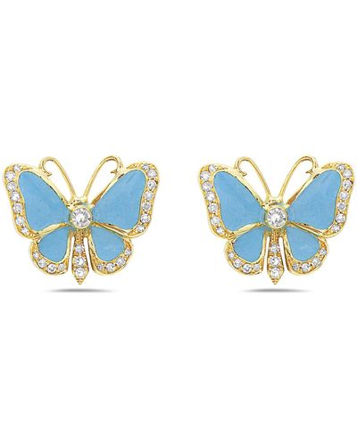 Artisan 18k Yellow Gold With Bezel Set Diamond Enamel Butterfly Shape Stud Earrings - Blue