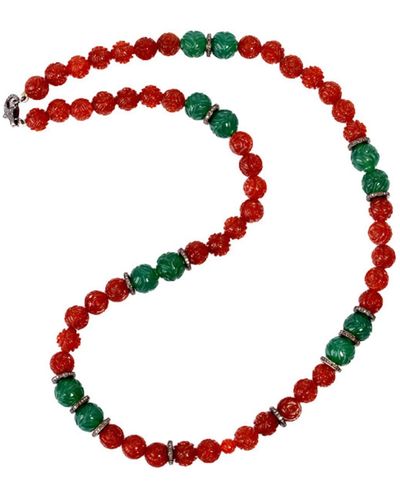 Artisan Onyx Agate Diamond Carving Beaded Necklace 925 Sterling Silver Jewellery - Red