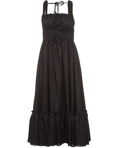 Vasiliki Atelier Amara Ruched Midi Linen Dress In Noir - Black