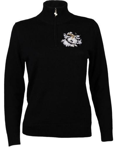 Laines London Laines Couture Quarter Zip Jumper With Embellished & White Peony - Black