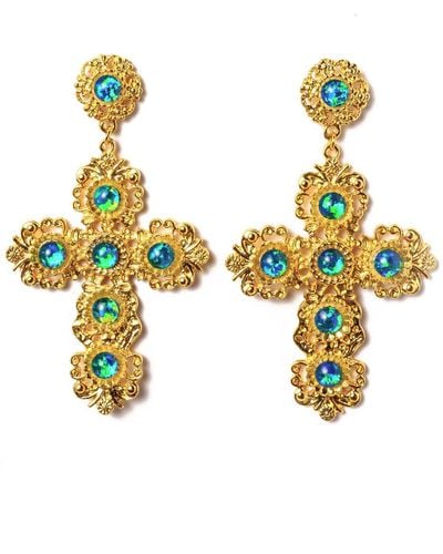 EUNOIA Jewels Inspiration Oversized Statement Opal Gold Cross Earrings - Metallic