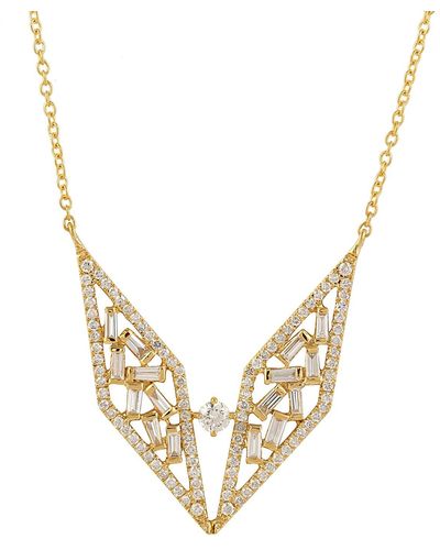 Artisan 18k Yellow Gold Baguette Diamond Chain Necklace Pendant Handmade Jewellery - Metallic