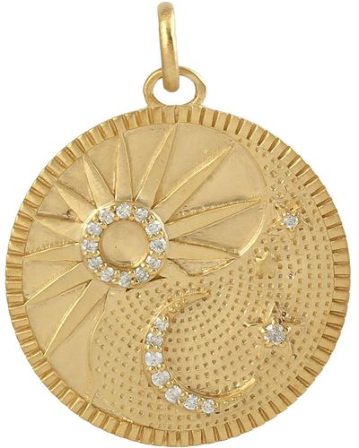 Artisan 14k Yellow Gold In Pave Diamond Star With Sun & Moon Charm Pendant - Metallic