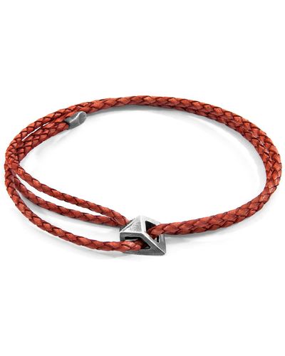 Anchor and Crew Amber Arthur Silver & Braided Leather Skinny Bracelet - Red