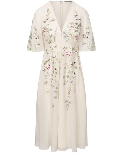 Hope & Ivy The Fleur Plunge Button Front Embroidered Dress With Flutter Sleeve - Natural