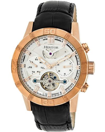 Heritor Hannibal Semi-skeleton Leather-band Watch With Day And Date - Pink