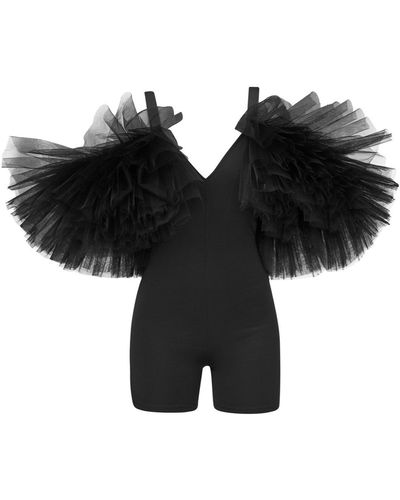 LIA ARAM Tulle-trimmed Symmetrical Bodysuit - Black
