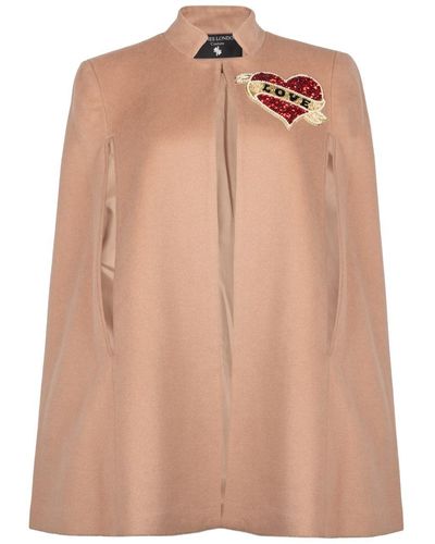 Laines London Neutrals Laines Couture Wool Blend Cape With Embellished Red Love - Pink
