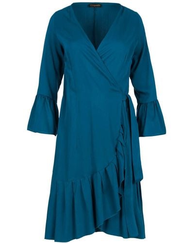 Conquista Petrol Wrap Dress Viscose With Bell Sleeves. - Blue